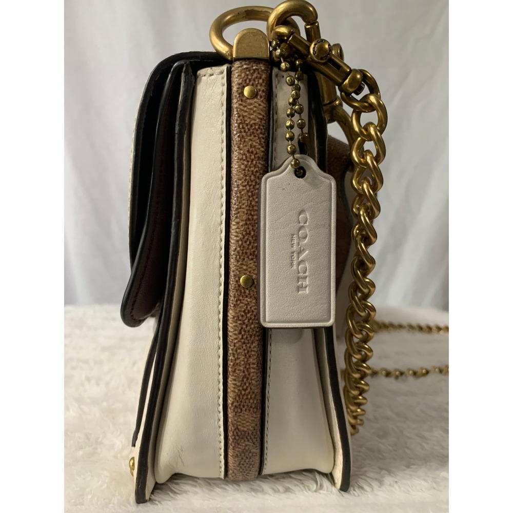 Coach Dreamer Shoulder Bag Chalk White Leather Signature Canvas Gold Chain#866 - Picture 5 of 16